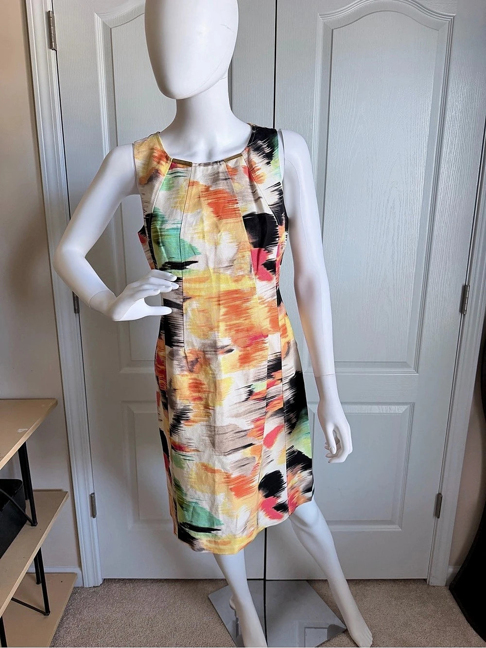 Calvin Klein Abstract Print Linen-Blend Sheath Sleeveless Midi Dress Size 6